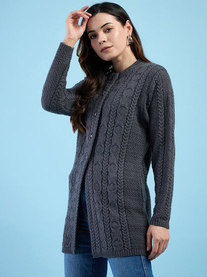Clapton Cable Knit  Design Woolen  Longline Cardigan Sweater for women and Girls Dark Grey