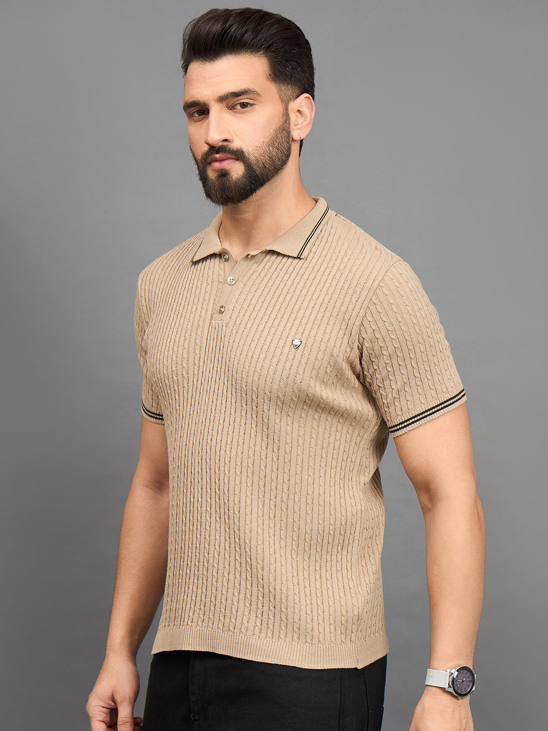 CLAPTON Men Knitted Polo Collar T-shirt  Beige