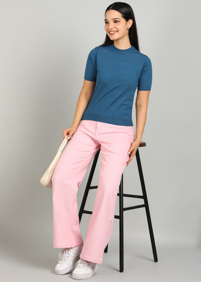 Women Solid Color Round Neck Half Sleeve Viscose T-Shirt Royal