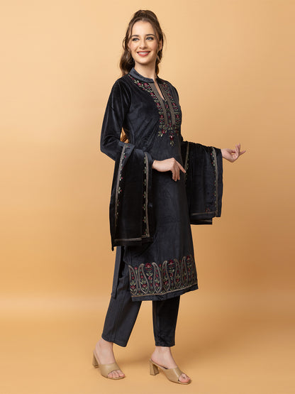 Velvet Embroidered Winter Wear Embroidered Straight Kurta Pant With Dupatta Set Navy