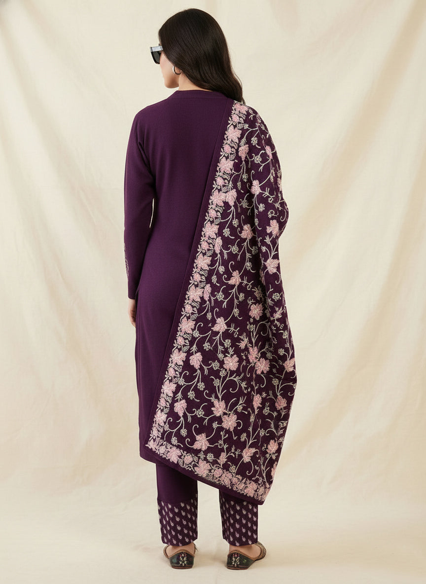 Clapton Embroidered  wool blends for winter wear Straight-fit kurta with trousers and a dupatta (shawl) Purple