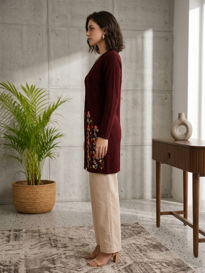 Women's Maroon Floral Embroidered Long Cardigan, Button-Front, Round Neck, Full Sleeves
