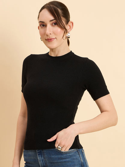 Clapton Women Knitted  Round Neck  T-shirt Black