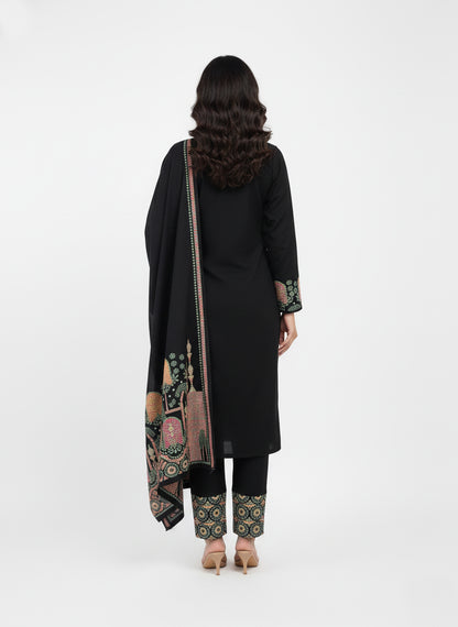 Clapton Embroidered  wool blends for winter wear Straight-fit kurta with trousers and a dupatta (shawl) BLACK