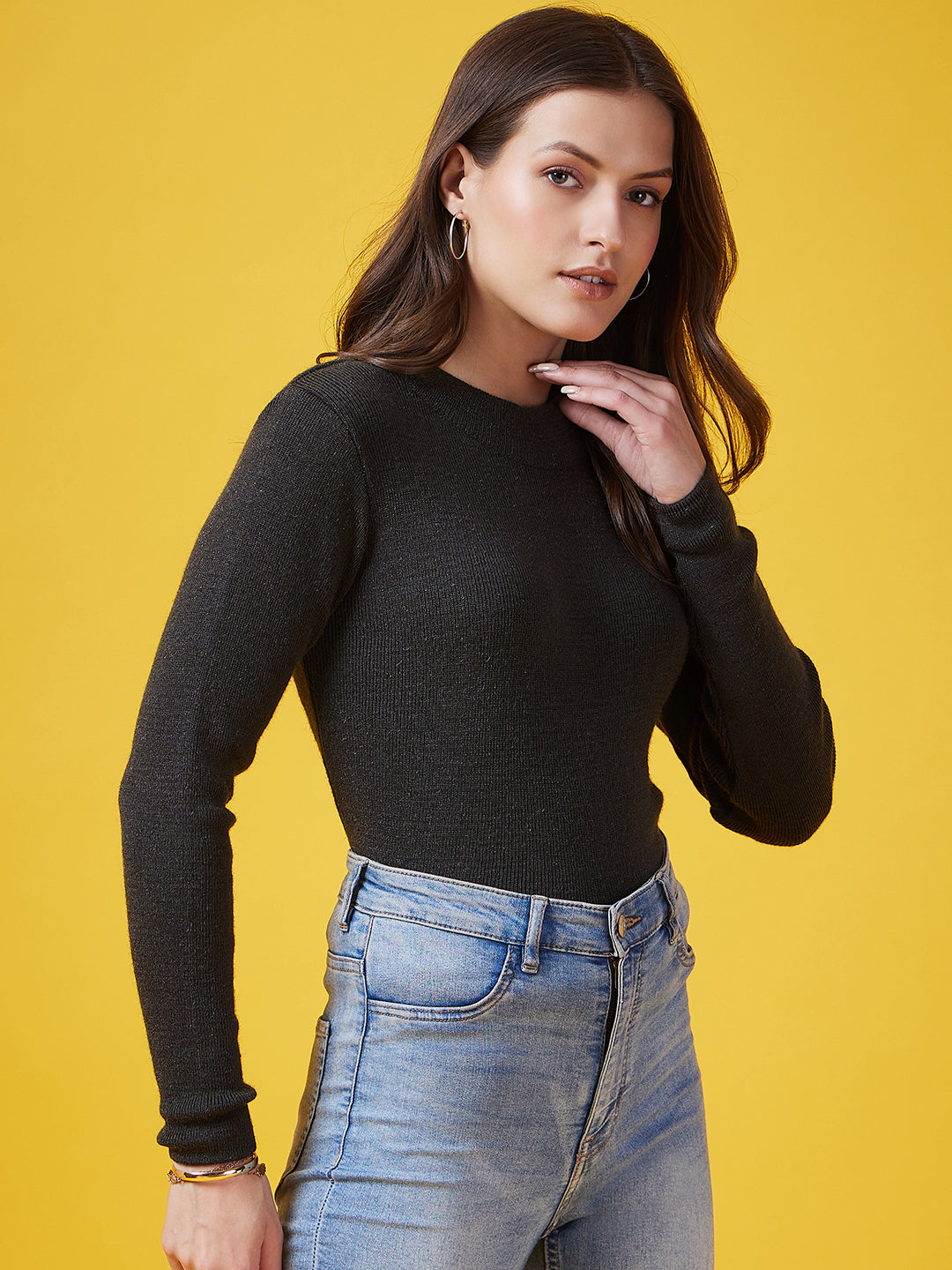 Wool Blend Crew Neck Full Sleeve Mixture Top