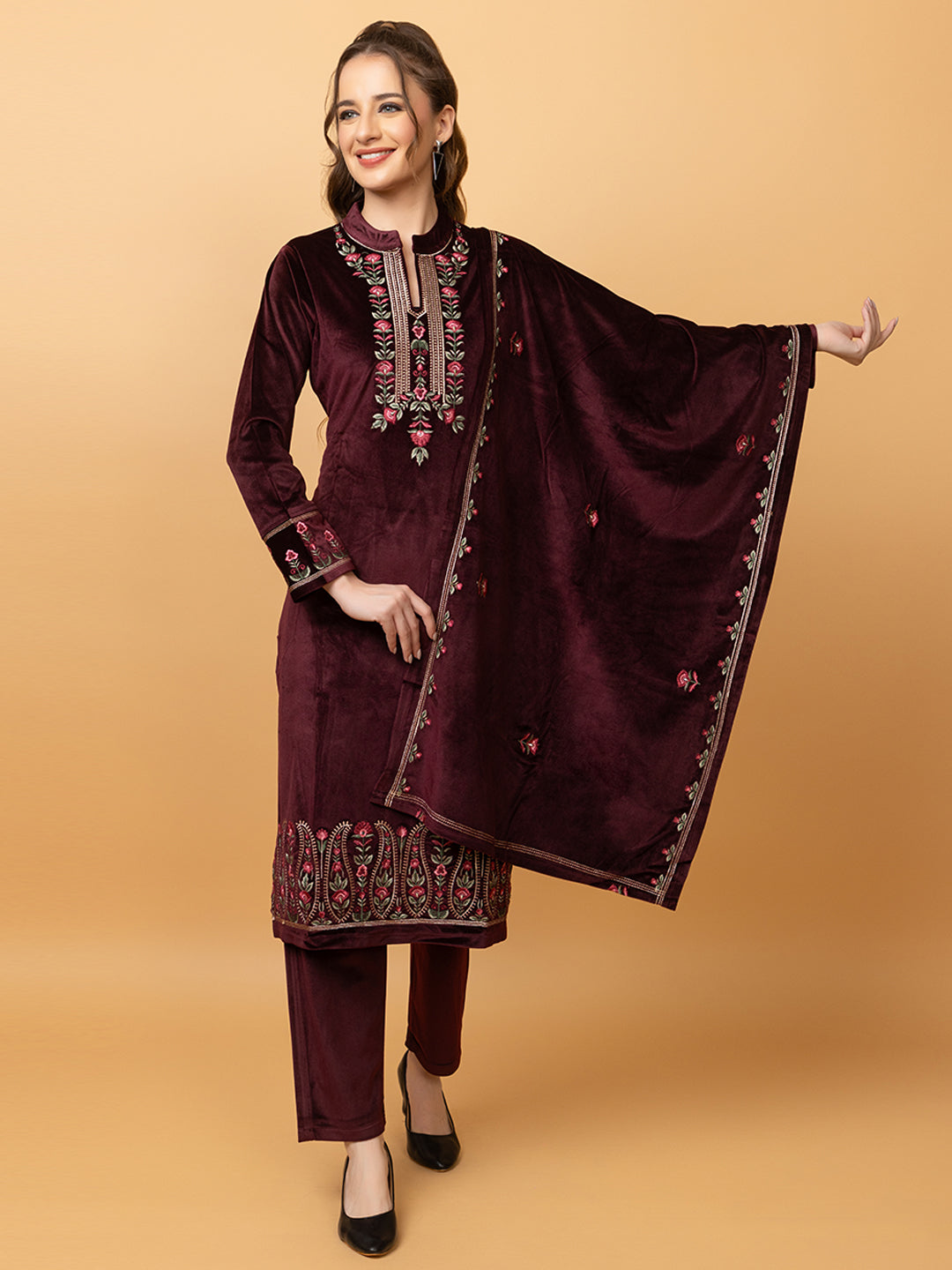 Velvet Embroidered Winter Wear Embroidered Straight Kurta Pant With Dupatta Set Maroon
