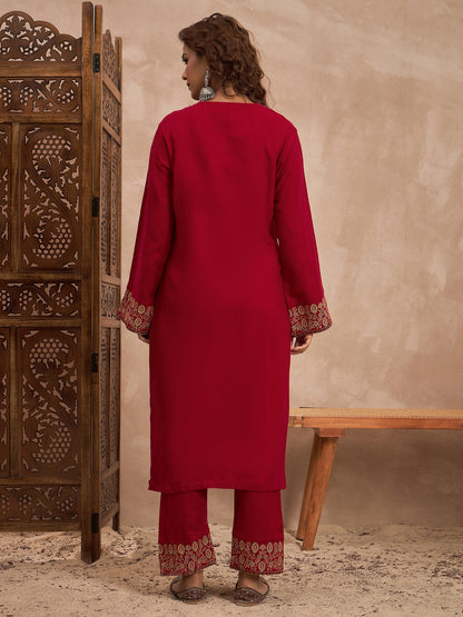 Woolen Embroidered 2-piece winter wear Kurti & Pant Set Red