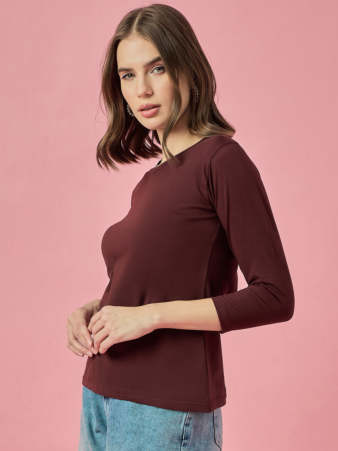 Clapton Crew Neck Tees Candy Cotton Lycra For Women Soild Mehroon Summer wear