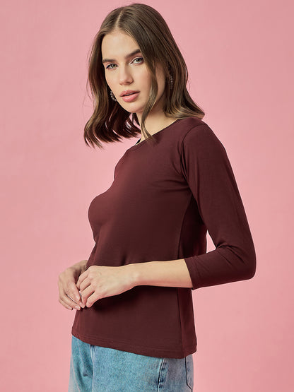 Clapton Crew Neck Tees Candy Cotton Lycra For Women Soild Mehroon Summer wear