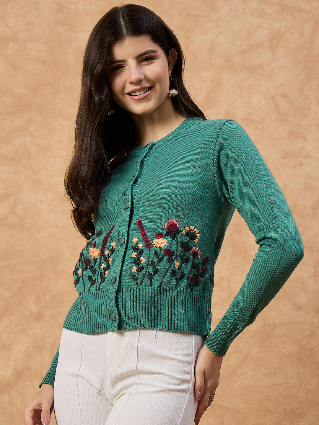 Clapton Women’s Sea Green Knitted Floral Embroidered Cardigan 6110