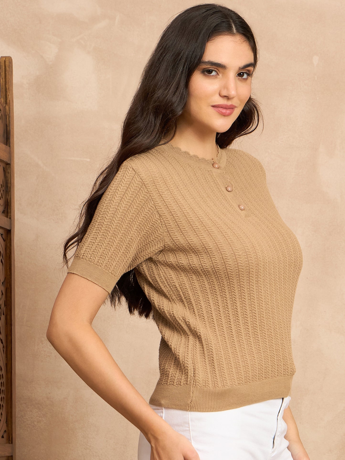 Clapton Women Knitted  Round Neck  T-shirt BEIGE -3105
