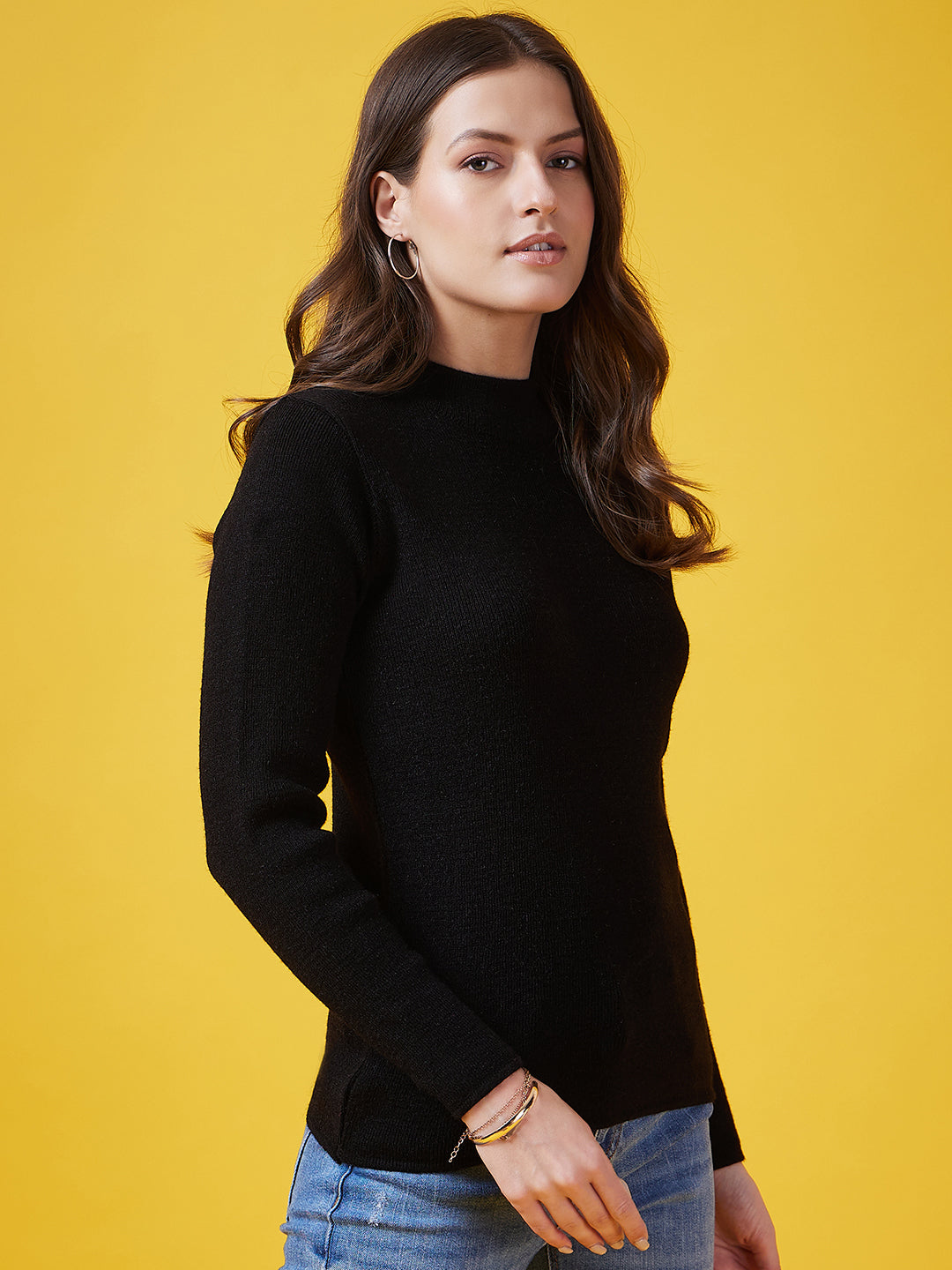 Wool Blend Crew Neck Full Sleeve Black Top
