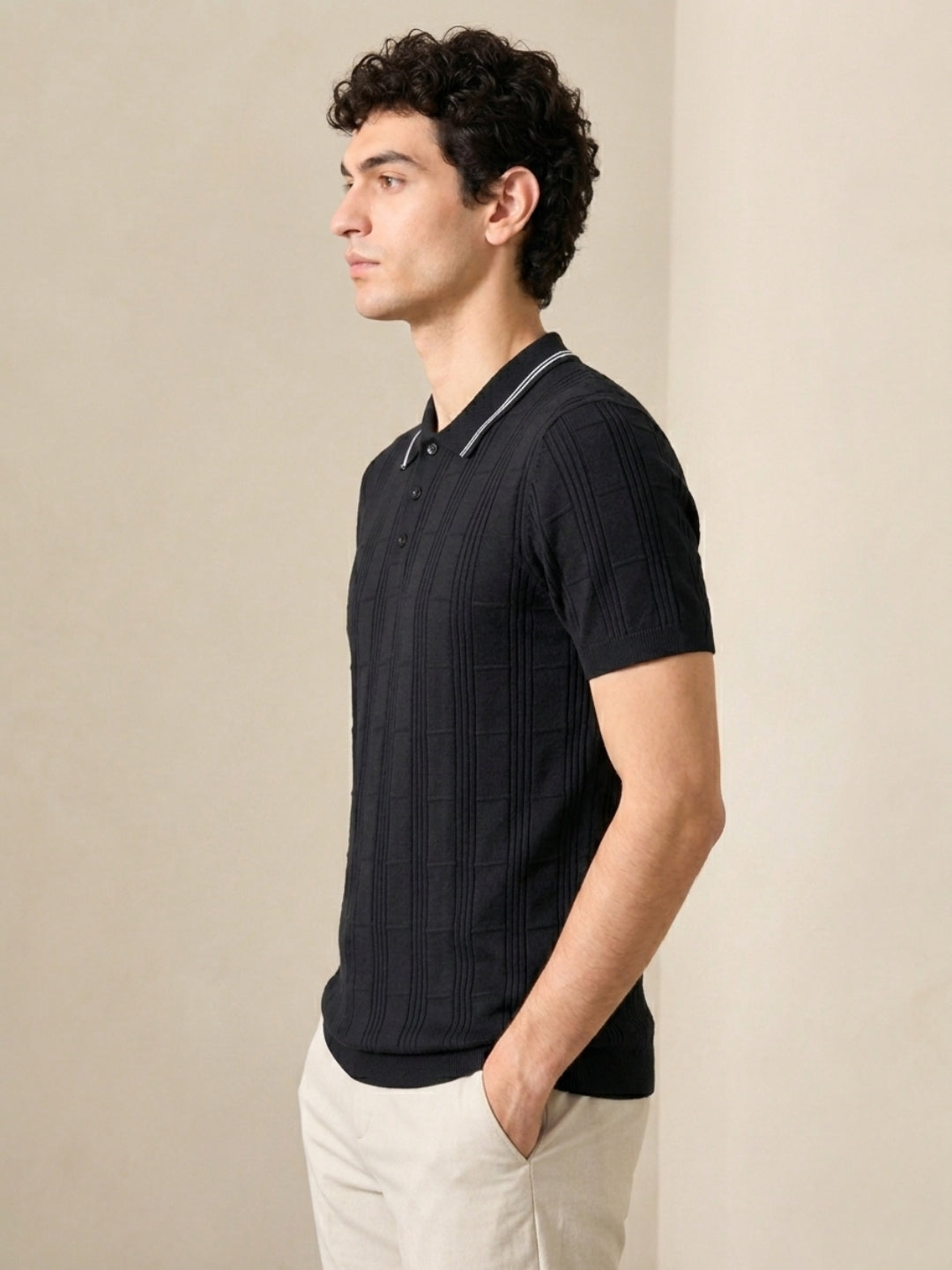 Clapton Men Knitted  Cotton Summer Wear Polo Neck Half Sleeve T-Shirt BLACK
