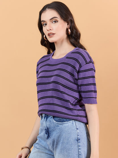 clapton Women Cotton knitted Striped Design T-shirt  Purple Mauve