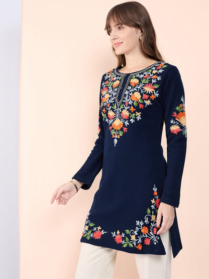 Women Multicolor Embroidered woolen Blend  Kurta Navy Blue Winter Wear