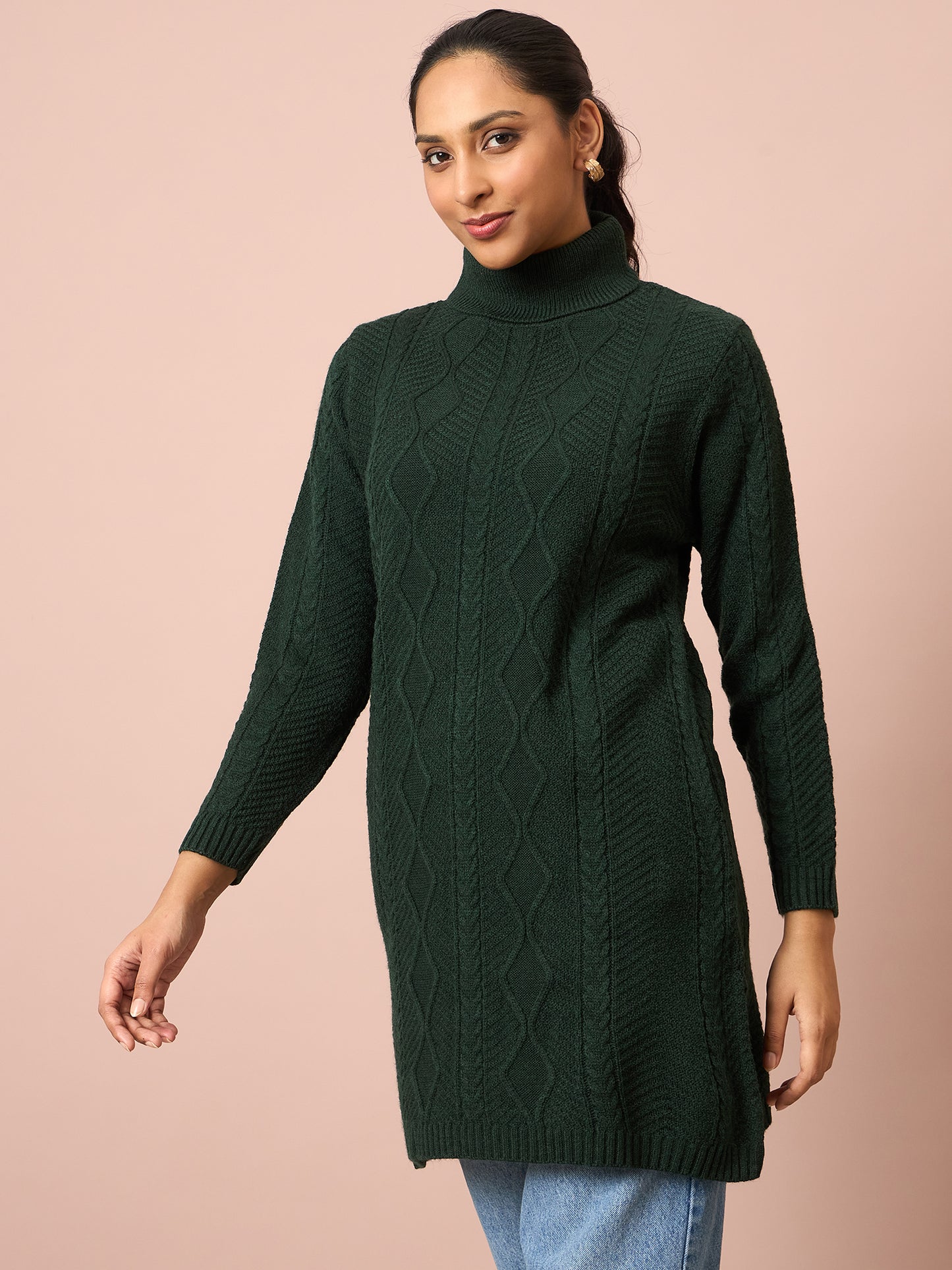 Clapton Cable Knitted  Wool Winter Wear Women’S Long Cardigan Green