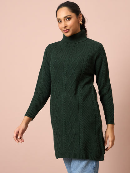 Clapton Cable Knitted  Wool Winter Wear Women’S Long Cardigan Green