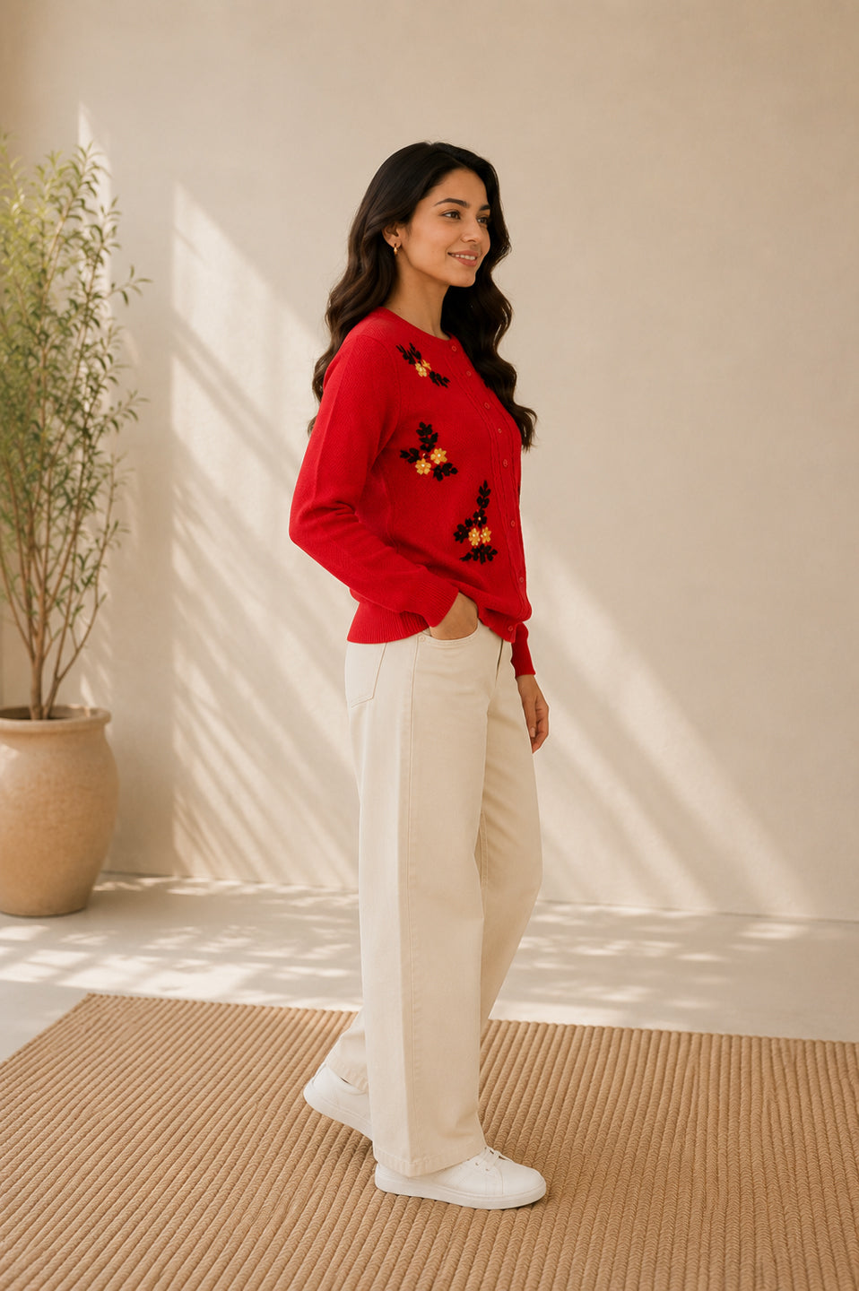 Women'S  Floral Embroidered Knit Cardigan, Round Neck, Button-Front, Long Sleeve Sweater Orange