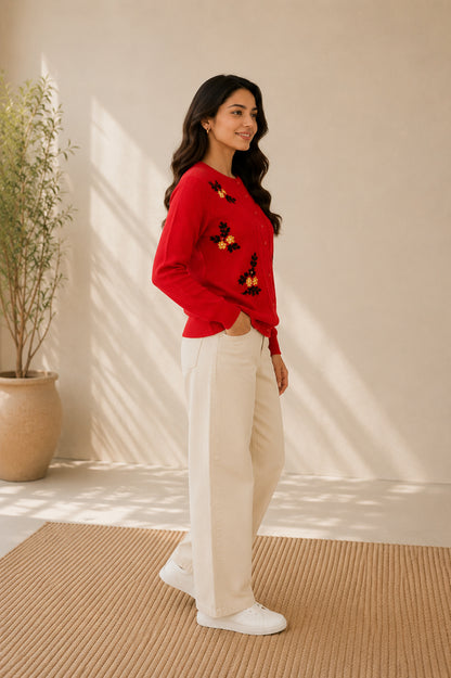 Women'S  Floral Embroidered Knit Cardigan, Round Neck, Button-Front, Long Sleeve Sweater Orange