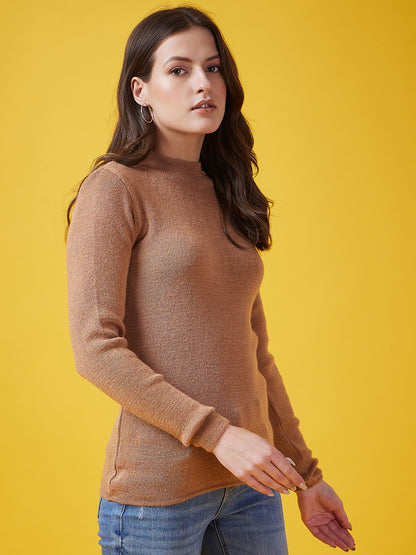 Wool Blend Crew Neck Full Sleeve Brown Top