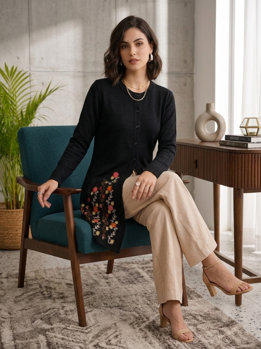 Women's Black Floral Embroidered Long Cardigan, Button-Front, Round Neck, Full Sleeves