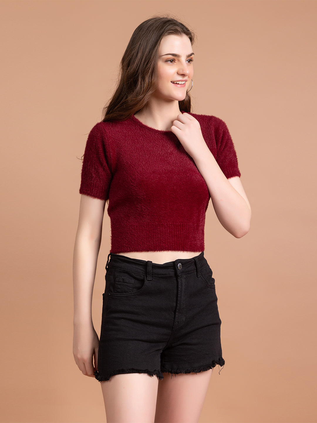 Clapton  Short-Sleeve Fuzzy Knit Crop Top Pullover Blouse Top for Women Girls Maroon