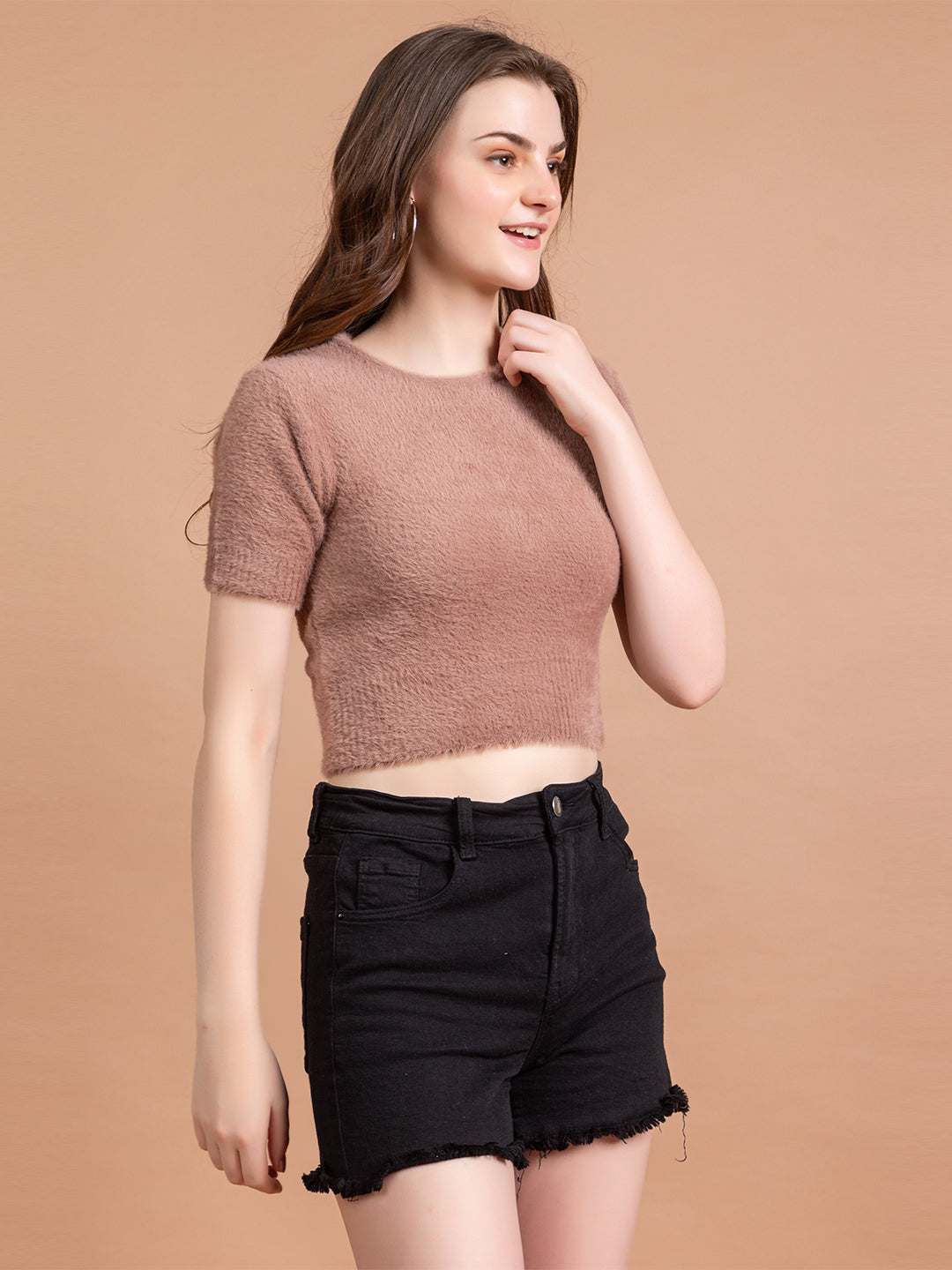 Clapton  Short-Sleeve Fuzzy Knit Crop Top Pullover Blouse Top for Women Girls Pink