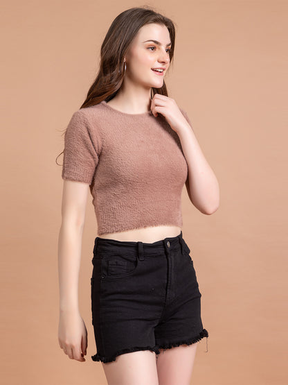 Clapton  Short-Sleeve Fuzzy Knit Crop Top Pullover Blouse Top for Women Girls Pink