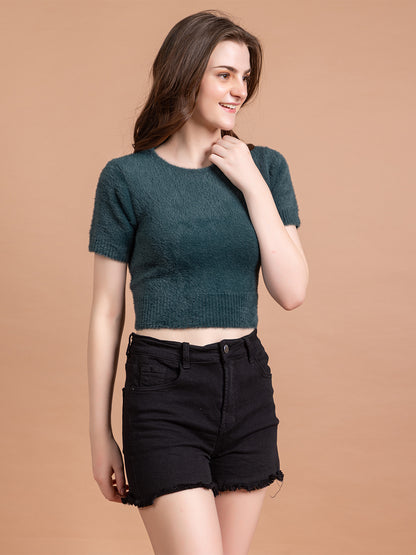 Clapton  Short-Sleeve Fuzzy Knit Crop Top Pullover Blouse Top for Women Girls Green