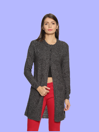 Wool Blend Round Neck Dark Grey Long Shrug