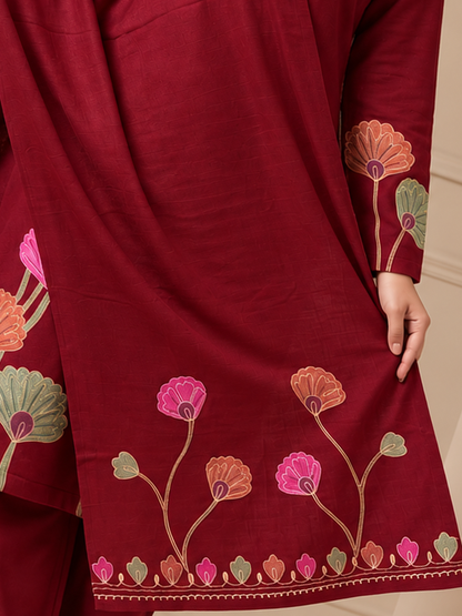 Woolen Embroidered  winter wear Kurti & Pant and Dupatta Set Maroon