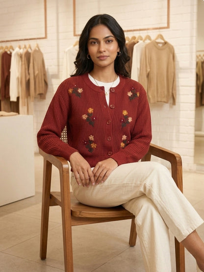 Women'S Black Knit Cardigan With Floral Embroidery, Button-Front, Round Neck, Full Sleeves Maroon