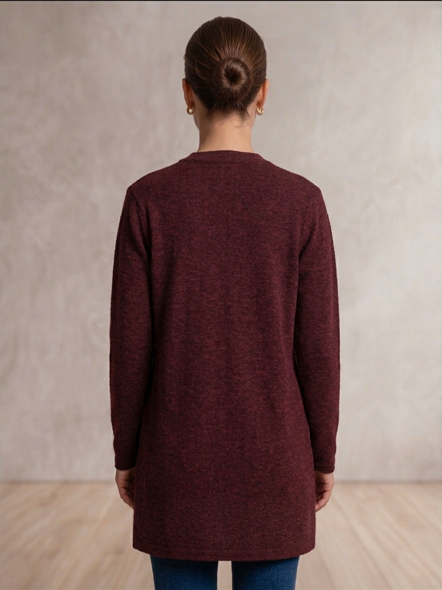 Women's Maroon Floral Embroidered Long Cardigan, Button-Front, Round Neck, Full Sleeves