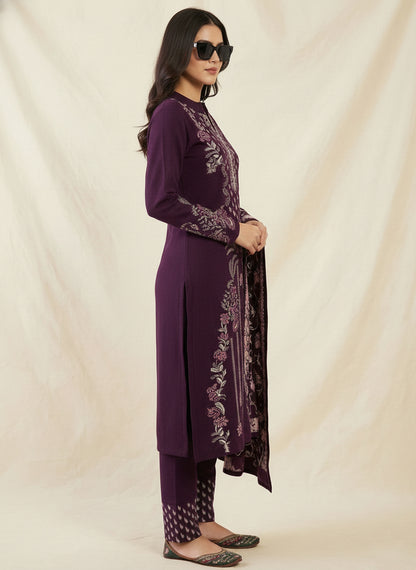 Clapton Embroidered  wool blends for winter wear Straight-fit kurta with trousers and a dupatta (shawl) Purple