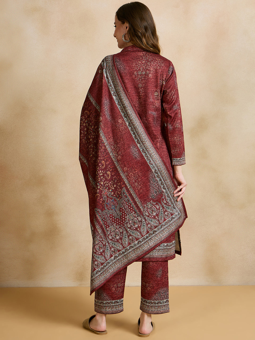 Clapton Printed Work Straight Kurta Pant With Dupatta Set Maroon