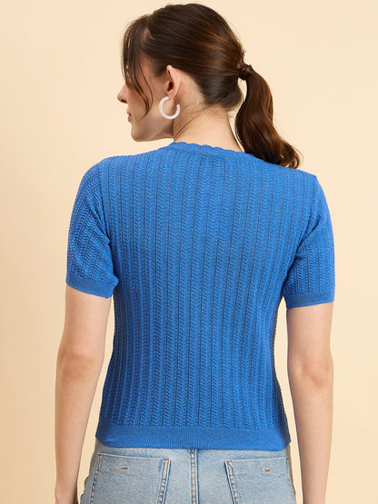 Clapton Women Knitted  Round Neck  T-shirt Firozi