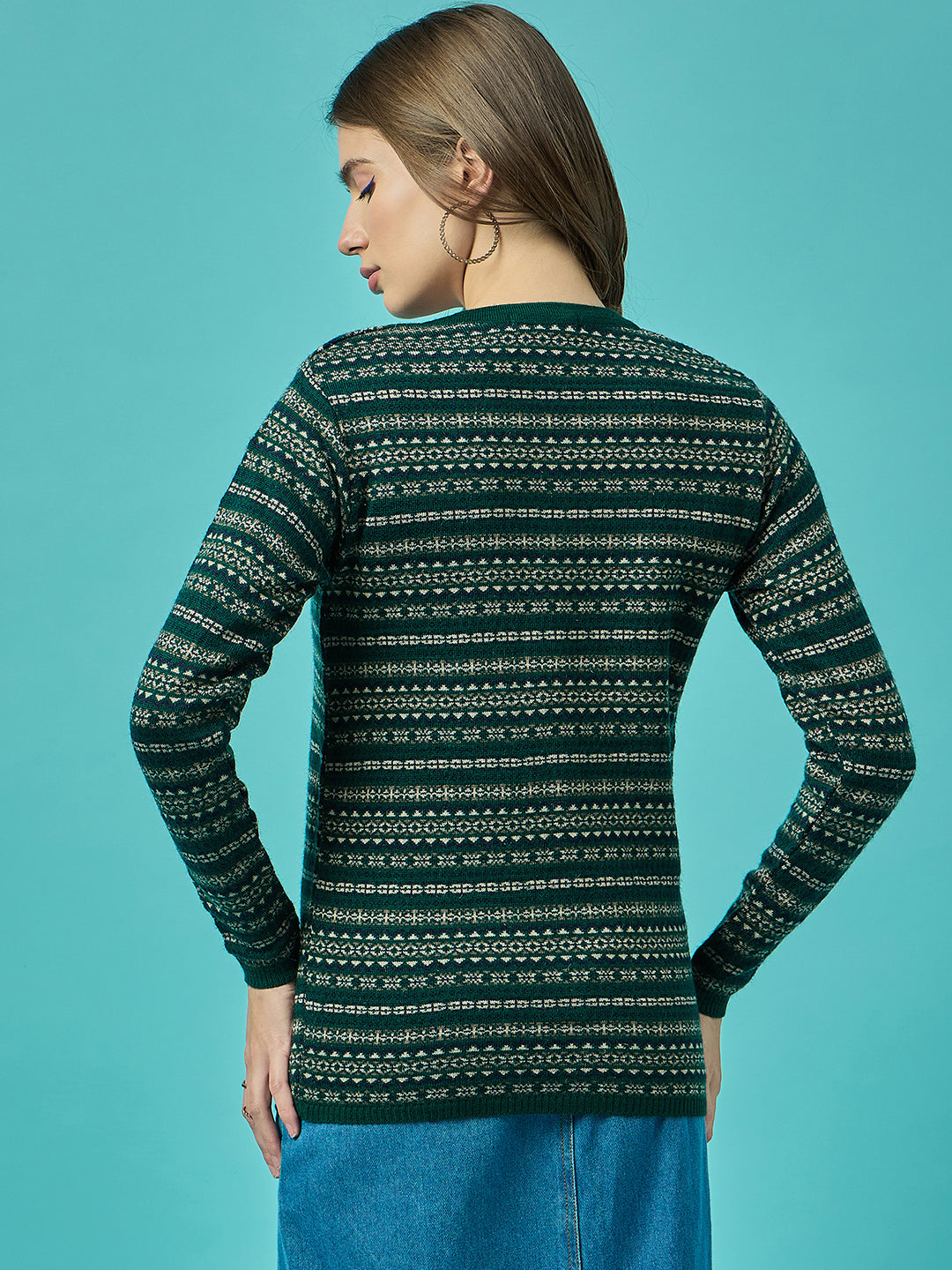 Women  Green Self Striped Round Neck Cardigan