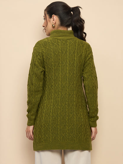 Clapton High Neck Cable Knitted Woolen Dress Green