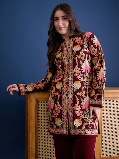 Women’S Embroidered Woolen Kurta With Straight-Fit Pants Co-Set Mehroon