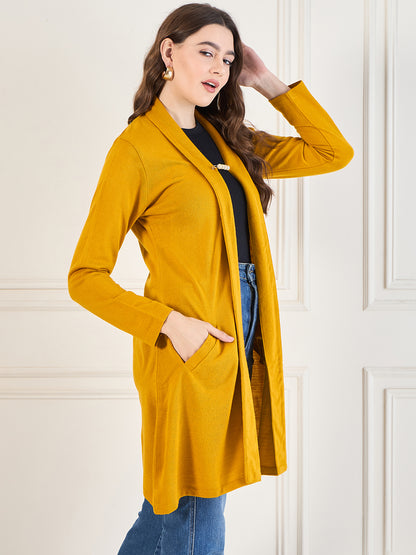 Women's Mustard Gold open neck long Sleeves, Knitted Winter Wear Shrug