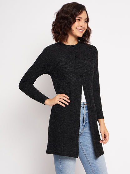Wool Blend Round Neck Black Long Shrug