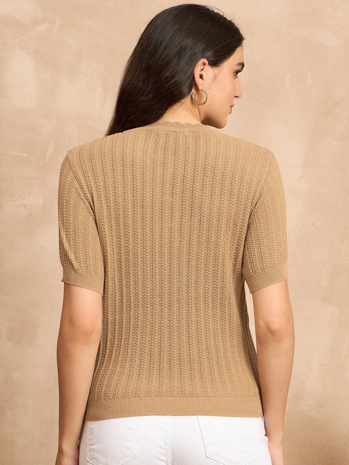Clapton Women Knitted  Round Neck  T-shirt BEIGE -3105