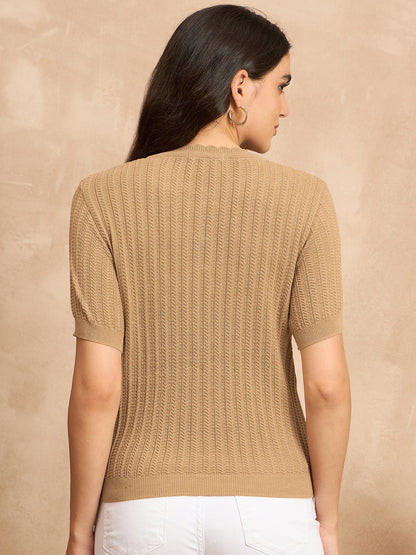 Clapton Women Knitted  Round Neck  T-shirt BEIGE -3105