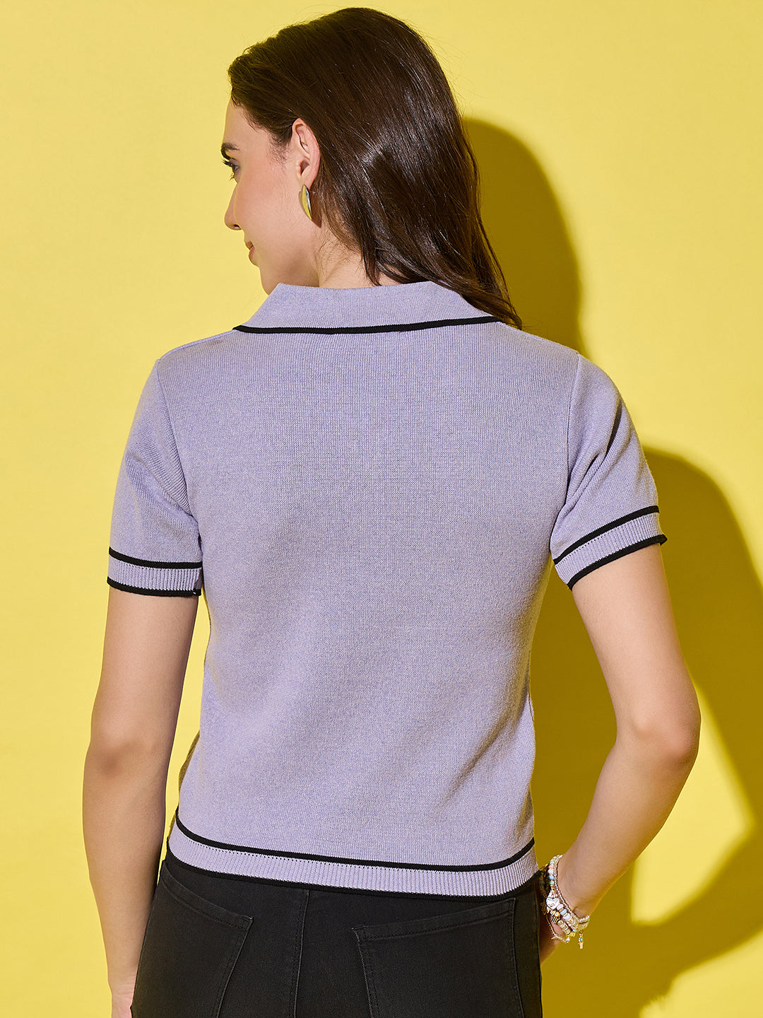 Women Striped Polo Neck With Pocket Pure Cotton T-Shirt Sky