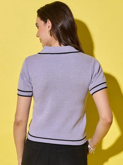 Women Striped Polo Neck With Pocket Pure Cotton T-Shirt Sky