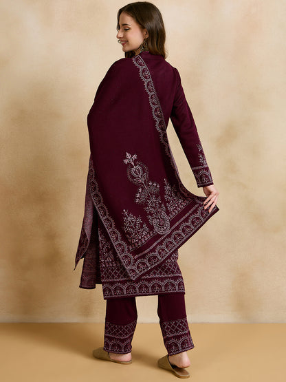 Clapton Embroidered Straight Kurta Pant With Dupatta Set Maroon