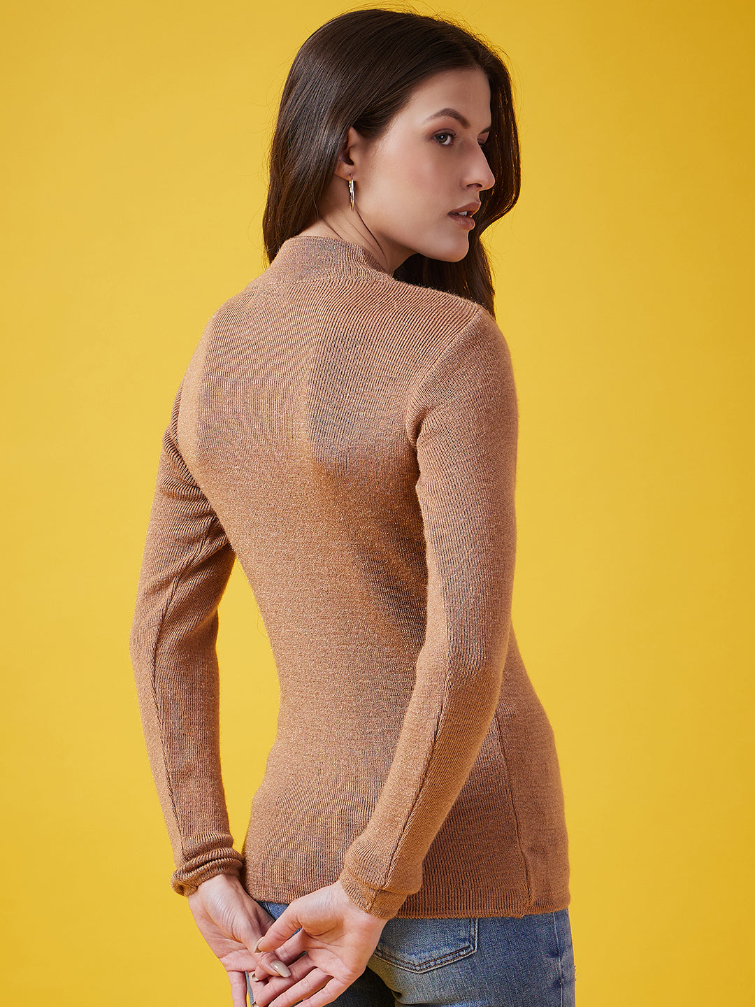 Wool Blend Crew Neck Full Sleeve Brown Top