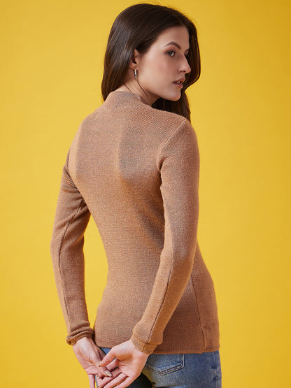 Wool Blend Crew Neck Full Sleeve Brown Top