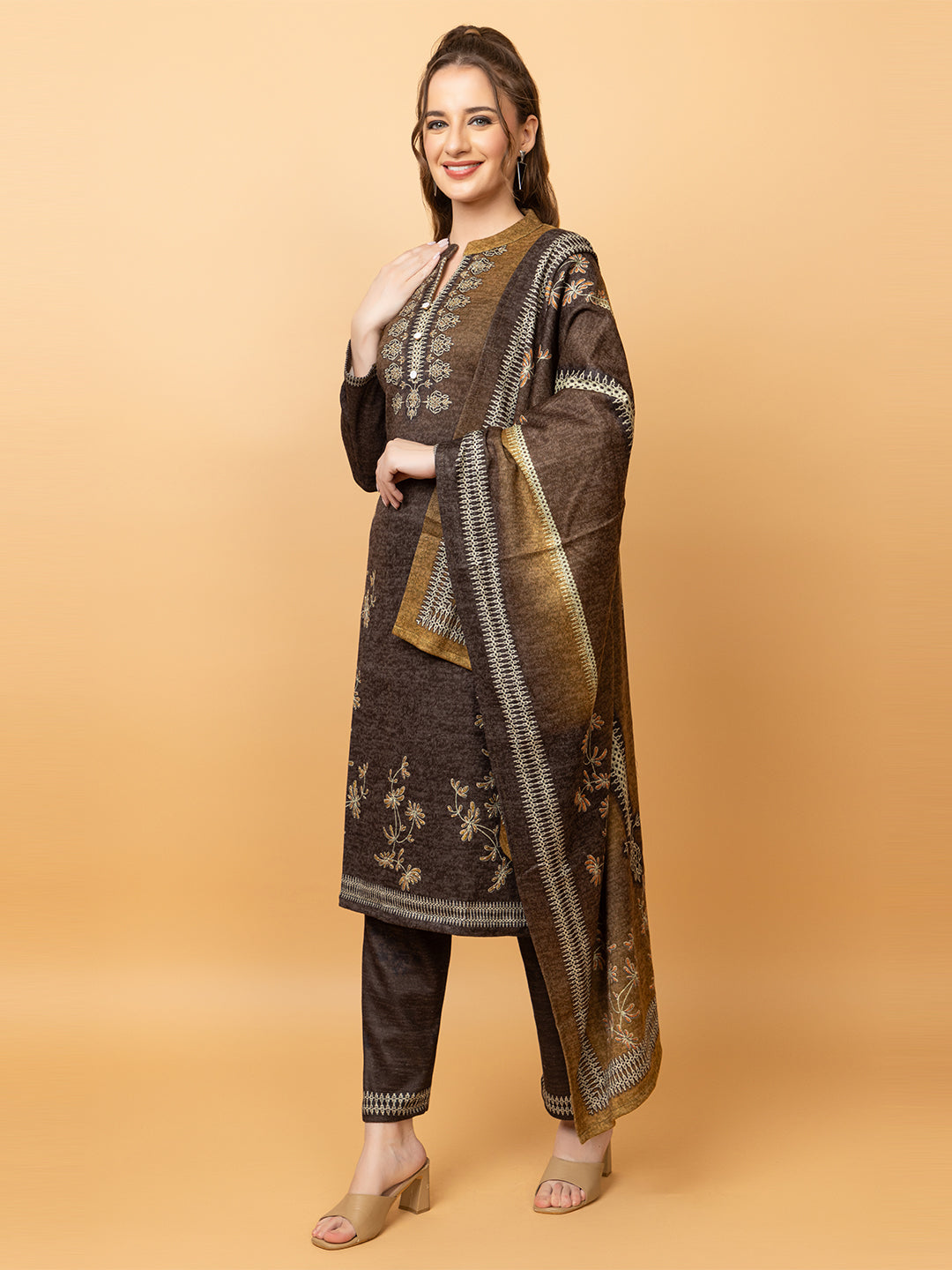 Clapton Pure Wool Winter Wear Embroidered Straight Kurta Pant With Dupatta Set Brown