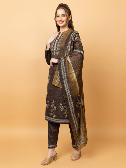 Clapton Pure Wool Winter Wear Embroidered Straight Kurta Pant With Dupatta Set Brown